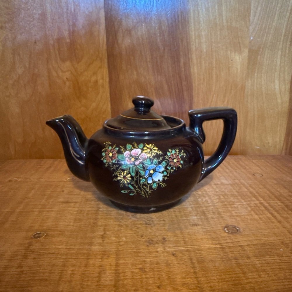Vintage Brown Japanese Ceramic Teapot with Hand-Painted Floral Motif